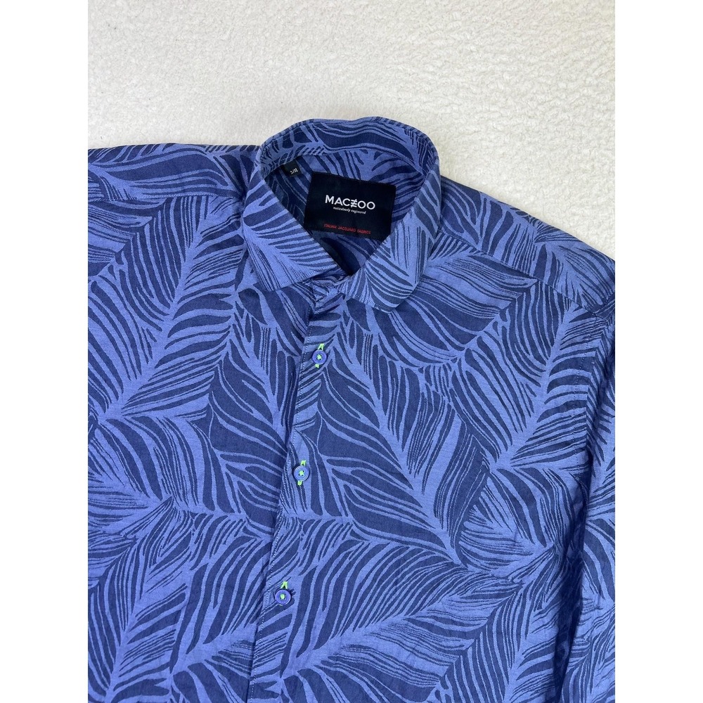 MACEOO Shirt Mens 3 Medium Blue Tropical Cotton Jacquard Long Sleeve Button Up